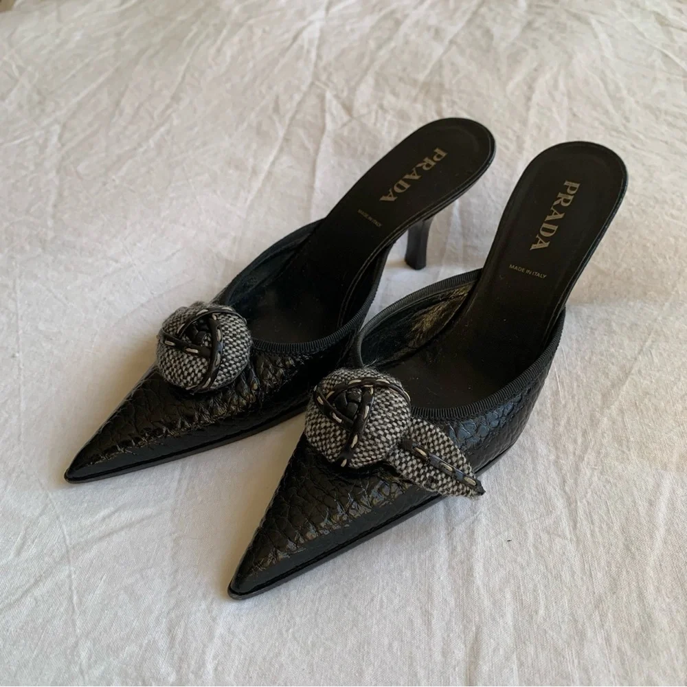 Vintage Prada Tweed Rosette Flower Pebbled Leather Pointy Toe Mules Kitten Heels - Picture 3 of 11